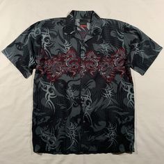 vintage 90s / 2000s y2k grey red black tribal dragon all over print button up shirt tag size - Large fits like - Large pit to pit - 25 inches length - 33 inches Awesome Sauce, Shirt Tag, Super Duper, 90s 2000s, Button Up Shirt, All Over Print, Vintage 90s, Button Up Shirts, Casual Shirts