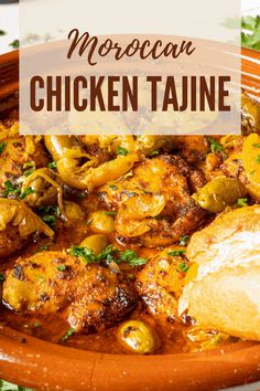 moroccan chicken taine in a bowl with bread and parsley on the side text reads moroccan chicken taine