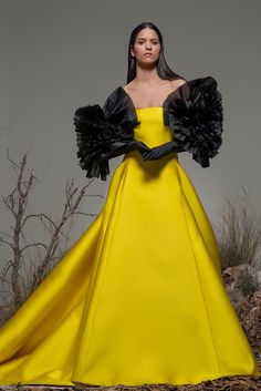 Floral detailed sleeves sweep train dress - HerTrove Princess Dress With Gloves, Yellow Ballgown, Naomi Smalls, Isabel Sanchis, Dress With Gloves, Train Dress, Yellow Gown, Gala Dresses, Yellow Fashion