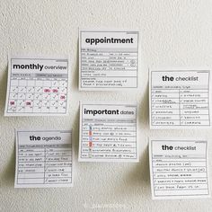 four pieces of paper that have been placed on a wall with the words, appointment and checklist