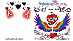 two hearts and wings with the words love mom on them are in different colors, one is