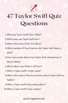 a pink background with the words 47 taylor swift quiz questions