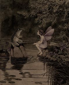 a fairy sitting on top of a rock next to a pond with a frog in it