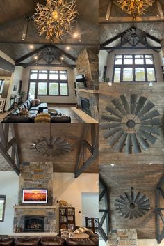 this is a collage of photos showing the inside of a house with wood and stone accents