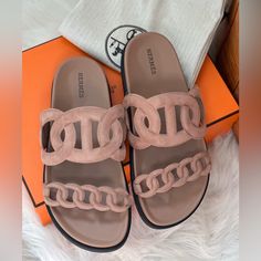 Rose Perle Extra Sandals Bnib **Final Sale ** Luxury Pink Round Toe Sandals, Luxury Pink Sandals With Round Toe, Luxury Pink Sandals For Vacation, Luxury Pink Flat Sandals, Luxury Pink Sandals For The Beach, Rose Sorbet, Louis Xiii Cognac, Corporate Style, Hermes Shoes