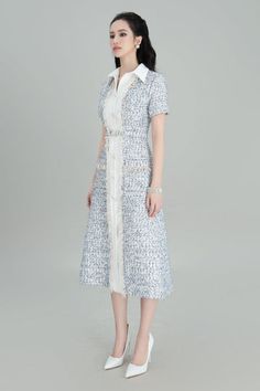 Yuki A-line Short Sleeved Tweed Midi Dress | MEAN BLVD Tweed Midi Dress, Mean Blvd, Ankle Length Dress, A Line Shorts, Designer Collection, Ankle Length, Latest Fashion Trends, A Line, Midi Dress