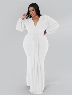 0457abb5-3839-440d-b1f9-00c7620d3d8c Plus Size White Dress, Formal Plus Size, Wedding Day Dresses, Plus Size White, Deep V Neck Dress, Dresses Classy, Vestido Plus Size, Long Sleeve Casual Dress, Sparkle Dress