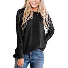 Merokeety Womens 2023 Long Sleeve Waffle Knit Sweater Crew Neck Solid Color Pullover Jumper Tops Black Size L Sku: Mc-7308091 Solid Color Sweater, Color Sweater, Waffle Knit Sweater, Word Wrap, Vertical Stripes, Waffle Knit, Black Sweaters, Crew Neck Sweater, Women Long Sleeve