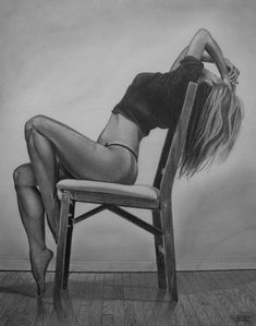 a pencil drawing of a woman sitting on a chair with her back turned to the camera