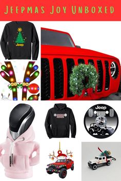 a collage of christmas items including hoodies, sweatshirts and sweaters with the words jeepmas joy unboxed on them