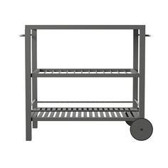 a metal shelf with wheels on the top and bottom shelves in front of white background