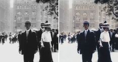 an old and new photo of people walking down the street in hats, suits and ties