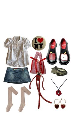 an assortment of clothing and accessories including shoes