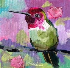 a painting of a hummingbird perched on a branch with pink flowers in the background