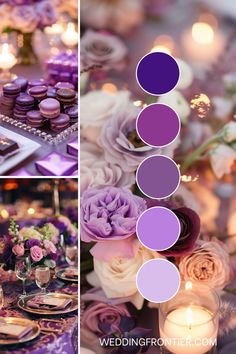 the table is decorated with purple and white flowers, candles, and cupcakes