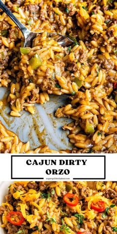 the recipe for cajun dirty orzo is shown in a white bowl