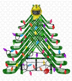 a green christmas tree with lights and a yellow hat on it's head, in front of a white background