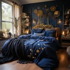 a bed room with a neatly made bed next to a window filled with plants and candles