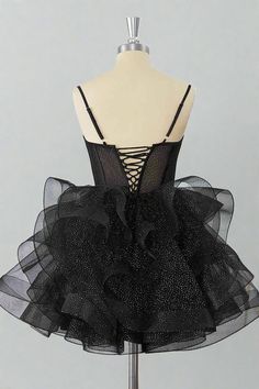 Experience the perfect balance of elegance and style with our Black Straps A-Line Ruffle Homecoming Dress. Featuring delicate spaghetti straps, a flattering corset bodice, and a gorgeous a-line tiered skirt, this dress will make you stand out at any event. The lace-up back adds a touch of sophistication, making it the perfect choice for any special occasion. ♡ SKU: FV12831 ♡ Fabric: Tulle ♡ Silhouette: A-Line ♡ Back Style: Lace-Up ♡ Embellishment: Ruffles ♡ Length: Above Knee ♡ Fully lined & Bui Tulle Wedding Dress Mermaid, Velvet Homecoming Dress, Feather Homecoming Dress, Floral Homecoming Dresses, Bodycon Dress Homecoming, Sweetheart Homecoming Dress, Sneaker Ball, Ruffle Prom Dress, One Shoulder Prom Dress