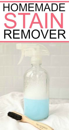 the homemade stain remover is in a glass bottle