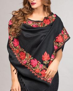 Our Embroidered Wool Shawl features exquisite embroidery on fine, soft wool. This stunning embroidered pure wool shawl showcases the intricate embroidery traditions in rich earthen tones on a black base. COLOR Black Multicolor DIMENSIONS 28" x 72" Traditional Floral Embroidered Shawl For Winter, Traditional Winter Shawl With Floral Embroidery, Black Shawl With Intricate Embroidery In Traditional Drape, Black Pashmina Shawl With Intricate Embroidery, Black Intricate Embroidery Pashmina Shawl, Elegant Black Shawl With Resham Embroidery, Black Embroidered Pashmina Shawl, Black Pashmina Shawl With Embroidered Border, Black Pashmina Shawl With Motifs In Traditional Drape