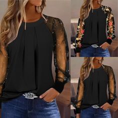 Material: Polyester Sleeve Length: Long Sleeve Neckline: Round Neck Sleeve Style: Puff Sleeve Color: Black, Black with Khaki Flowers Size: S,M,L,XL,XXL Style Type: Temperament commute Style: Elegant Style Elegant Style Women, Loose Fit Blouse, Fall Blouse, Loose Fit Shirts, Lace Long Sleeve, Sleeve Fashion, Embroidery Fashion, Work Tops, Women Sleeve