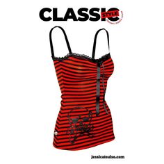 Limited Edition Classic Red & Black Stripe Avril Tank The Avril Striped Skull Tank is an eye-catching fashion choice, with Jessica Louise signature  skull print on a ponte fabric tank. Its slim fit and stretch construction offers a comfortable and flattering fit, allowing you to look great while still feeling comfortable. Classic Jessica Louise skull tank for women.Basic fitted tank with ruched front , grosgrain bow, ruffle & lace elastic and hand printed skull detail.The Material is stretch Ponti which is one of my favorite fabrics. Because of its thickness and fabric content it is a very comfortable and durable fabric that also travels well. I have never stopped getting requests for this Tank so it now a JL Basic Tank. These are handmade and hand printed by me (Jessica Louise) in house. Cheap Red Tops With Vertical Stripes, Red Fitted Tank Top For Streetwear, Fitted Rockabilly Tops With Graphic Print, Red Sleeveless Gothic Top, Red Gothic Sleeveless Top, Alternative Fitted Red Tops, Alternative Red Summer Tops, Alternative Style Red Summer Tops, Alternative Style Red Tops For Summer