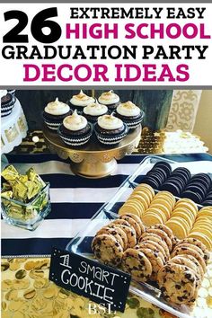 an image of graduation party decorations with cookies and cupcakes on the table in front of them