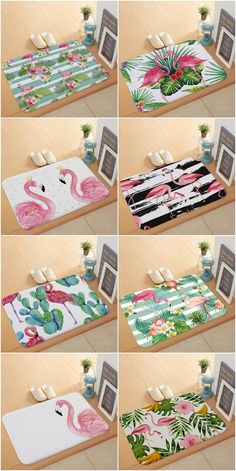 various pictures of flamingos and palm leaves on the floor