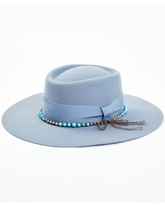 100% Wool felt. Telescope crease. 4.5" Crown. 3.5" Brim. Adjustable sweatband. Outside ribbon & beaded trim hat bands. Cowgirl Hats Western, Twisted X Boots, Hat Bands, Women Hats Fashion, Western Hat, Western Hats, Blue Flats, Cowgirl Hats, Beaded Trim