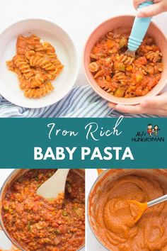 baby pasta in a bowl with sauce being stirred by a ladle, and the words iron rich baby pasta above it