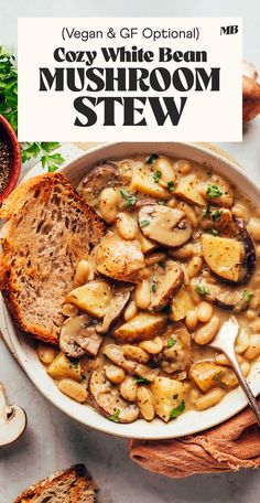 Cozy, creamy white bean and mushroom stew with potatoes and herbs. An easy, 1-pot entrée perfect for cooler weather. Vegan, gluten-free, and SO delicious!