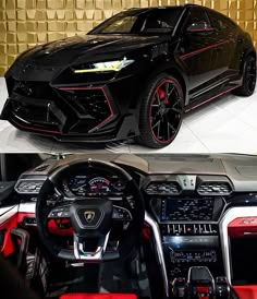 the interior and dashboard of a black sports car with red trims on display at an auto show