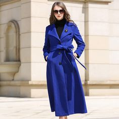 Custom Blue Belted Three Button Fit & Flare Wool Blend Coat Vivian Seven Royal Blue Coat, Cashmere Coat Women, Fit And Flare Coat, Wool Long Coat, Winter Coat Women, Wool Winter Coat, Elegant Coats, Wool Coat Women, Wool Overcoat