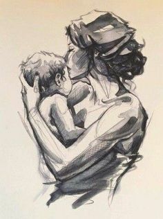 a drawing of a man holding a child