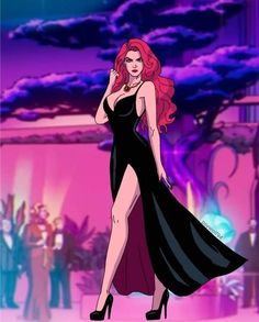 a woman with red hair in a black dress