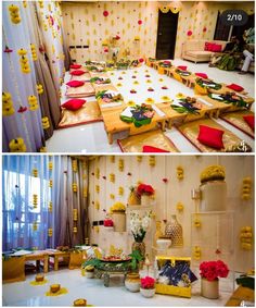 two pictures show the inside of a room decorated in yellow and red colors with flowers on the floor