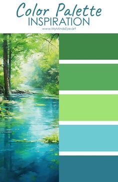 the color palette is green, blue and white with some trees in the background that are painted