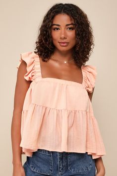 The Lulus Amazingly Sweet Peach Ruffled Peplum Tank Top is ready for sunny day strolls and endless compliments! Lightweight, crinkle-woven fabric (with a subtle grid-like pattern throughout) shapes this summery and cute top that features a square neckline and wide, elasticized straps with femme ruffle trim. The relaxed, swingy bodice finishes at a breezy, peplum-inspired hem, perfect for creating a variety of flirty looks all summer long! Fit: This garment fits true to size. Length: Size medium School Dance Dresses, Peplum Tank Top, Modest Tops, Cute Summer Tops, Casual Preppy Outfits, Sweet Peach, Cute Preppy Outfits, Flowy Tank Tops, Summer Tank Tops