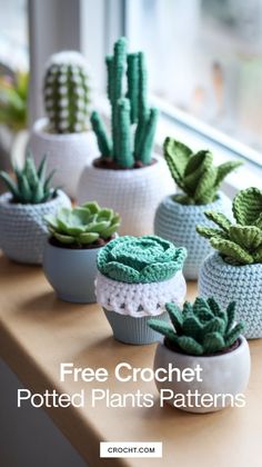 crochet potted plants are lined up on a window sill with the words free crochet potted plants patterns