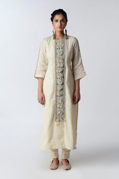 Rishi & Vibhuti-Ivory Metallic Waves Kurta With Pants-INDIASPOPUP.COM Kurta Pant Set, Ivory Fabric, Cotton Kurta, Straight Kurta, Rich Fabric, Kurta With Pants, Summer Breeze, Pant Set, Color Ivory