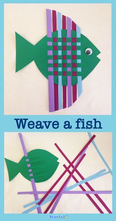 Use construction paper to weave a fish. Great for small motor coordination. Weaving Fish Craft, Paper Weaving For Kids, Fish Weaving, Weaving With Paper, Summer Activity For Kids, Fish Craft, Kindergarten Art Lessons, Reading Phonics, Motor Coordination