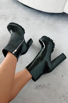 Color: Black Patent Leather Uppers Functional Zipper Detail Rounded Toe 1.25" Lug Sole Platform 5" Heel Restocked: 11/14/24 Graphic Dress, Casual Night Out, Flying Monkey Jeans, Mini Short, Basic Dress, Denim Coat Jacket, Wedge Sneakers, Short Mini Dress, Sneaker Heels