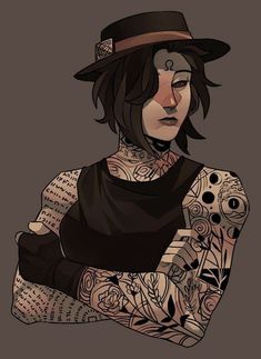 a drawing of a woman with tattoos and a hat on her head, wearing a black top