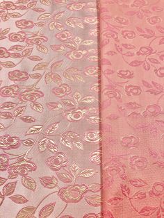 pink and gold brocaded fabric with leaves on the side, both in different colors