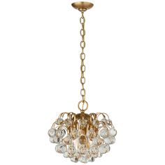 an antique brass chandelier with clear glass balls hanging from the ceiling, isolated against a white background