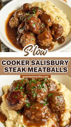 two pictures of meatballs and mashed potatoes with gravy on the side