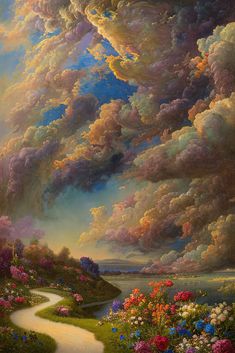 a painting of clouds and flowers in the sky above a path leading to a body of water