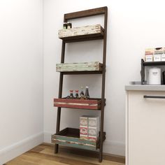 Rectangular wooden leaning shelf provides you a perfect storage solution and offers a clean and comfortable living space. This item ships in 1 carton. Suitable for indoor use only. This item ships fully assembled in one piece. Maximum weight limit is 30 lbs. This is a single brown colored display shelf. Fir shelving unit features 5 shelves. Farmhouse style. Grayson Lane Brown Distressed Wood 4-Shelf Ladder Bookcase (23-in W x 70-in H x 18-in D) | 84256 Wooden Ladder Shelf, Leaning Shelf, Blue Drawers, Space Gift, Ladder Shelf, Living Styles, Wood Drawers, Rustic Living, Display Shelf