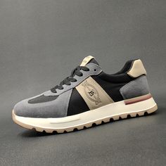 Men Fashion Patchwork Leather Casual Training Sneakers Newgew Shoes Gray Leather Sneakers For Jogging, Black Suede Sneakers With Flat Heel, Gray Leather Breathable Sneakers, Black Suede Sneakers, Casual Pumps, Fashion Patchwork, Training Sneakers, Low Heel Sandals, Leather Platform Sandals